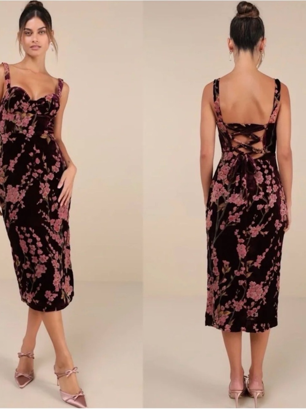 Lulu's Burgundy Velvet Midi Dress with Rose Floral Print